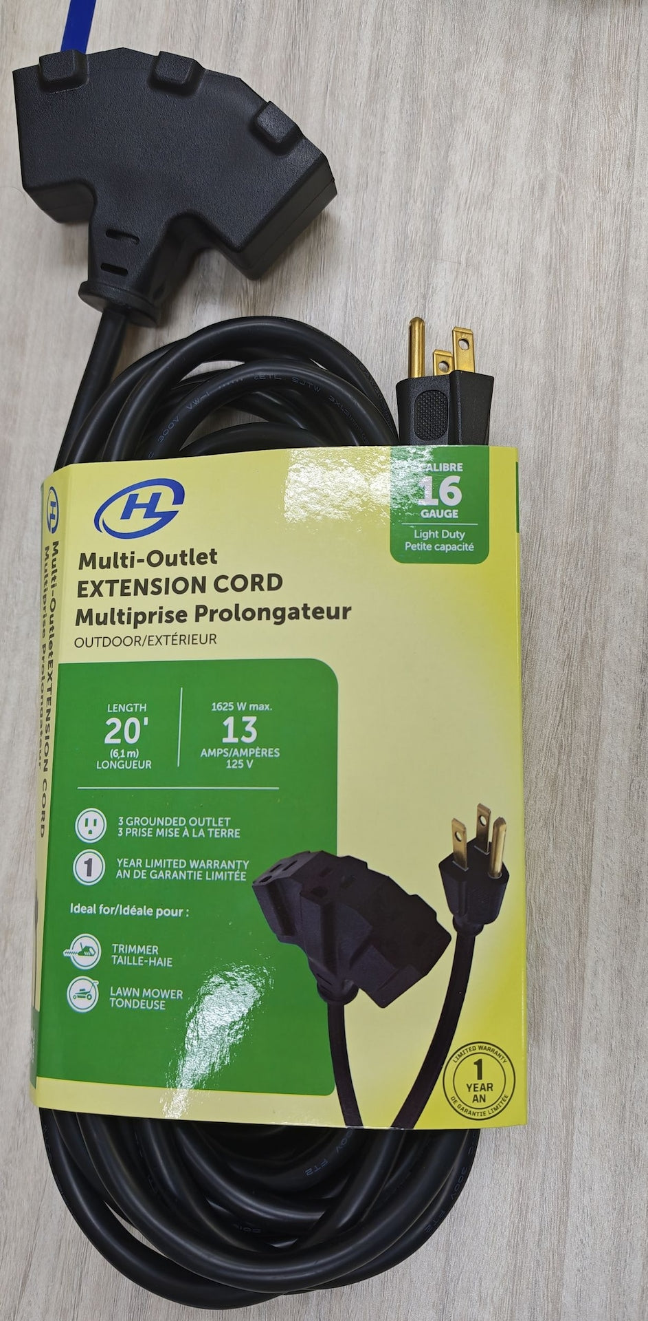 20' 16 Gauge 3-Tap Outdoor Extension Cord, Black U3T6 - product image 2