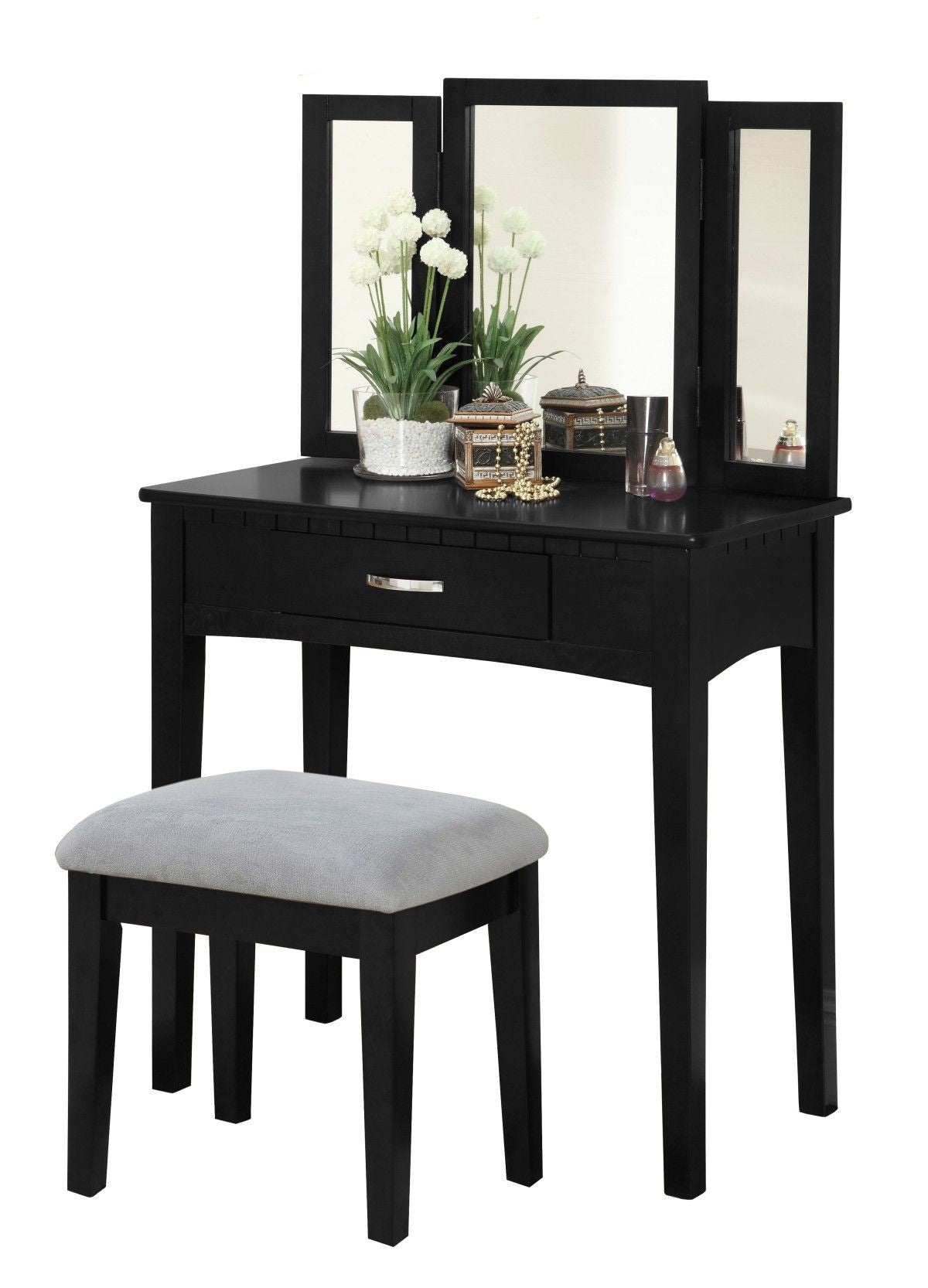 Lynn 1-Drawer Black Dressing Table Makeup Vanity Set with Stool and Mirror V5A1 - product image 3