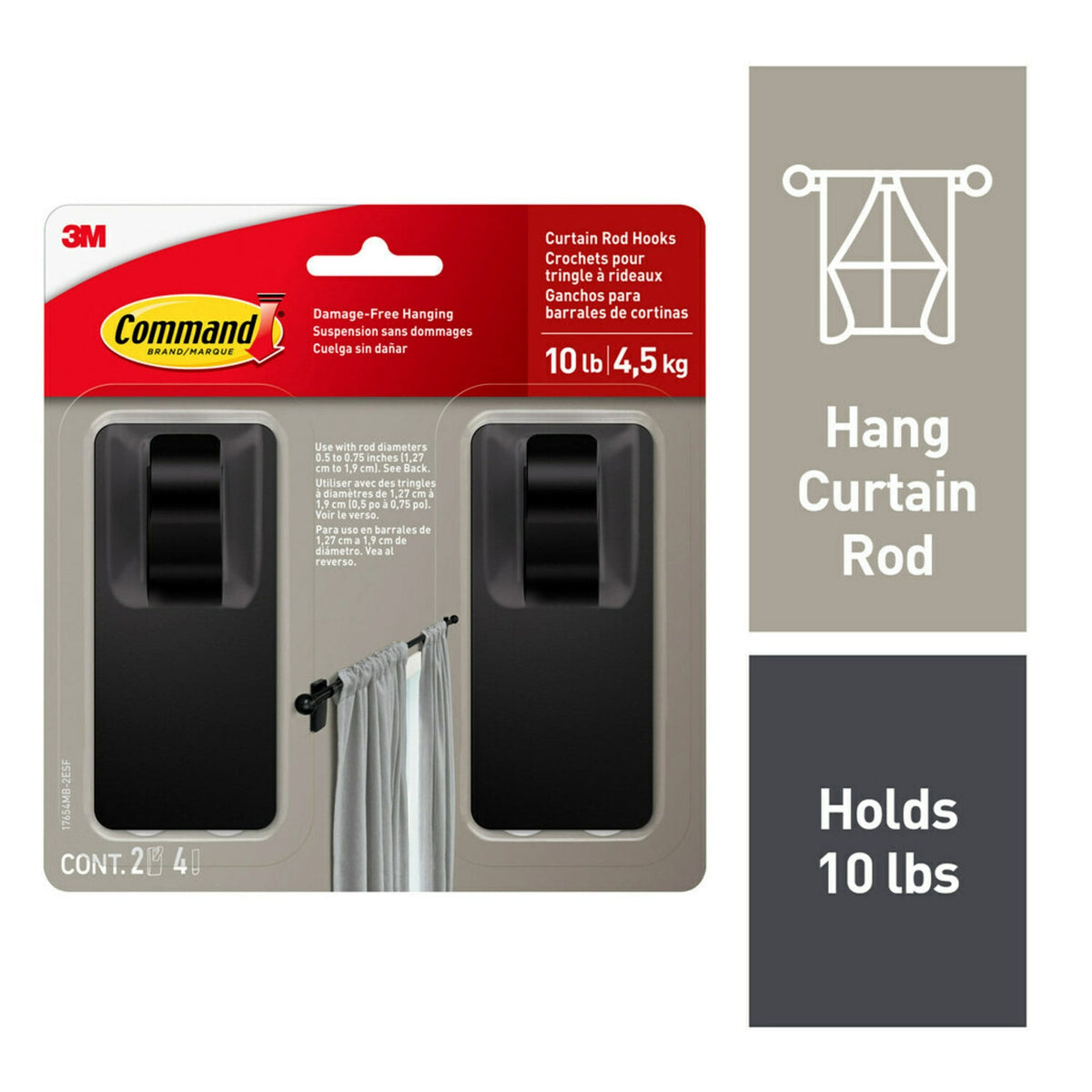 2-Piece 10-lb Matte Black Damage Free Curtain Rod Hooks I4U2 - product image 1