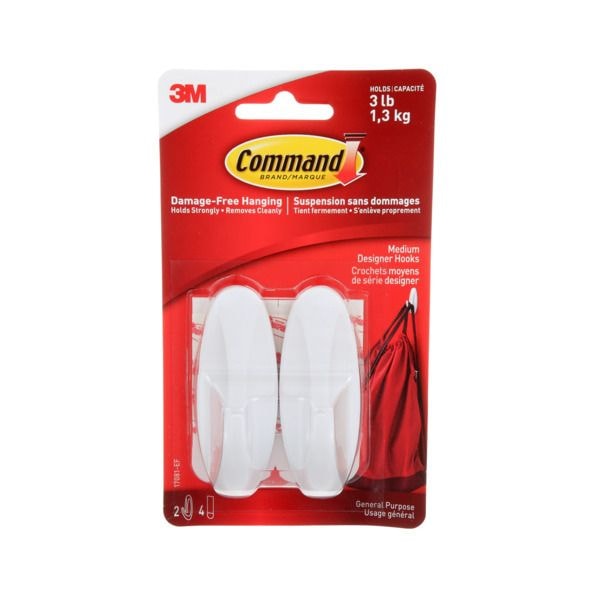 Medium Designer Hooks with Adhesive Strips, White, 3-lbs, 2 Strips per Pack T2L8 - product image 1