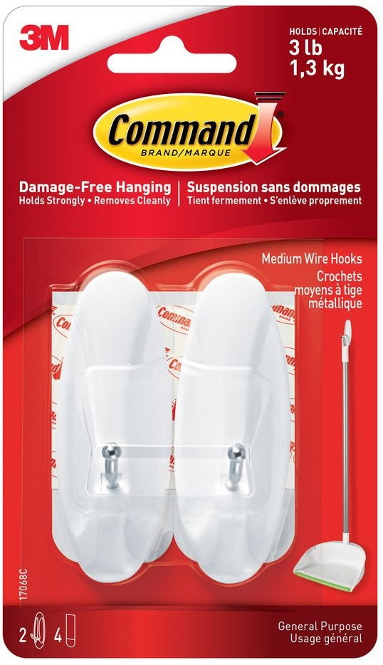 Medium General Purpose Wire Hooks with Adhesive Strips, White, 3-lbs, 2 Strips Per Pack E4R1 - product image 1