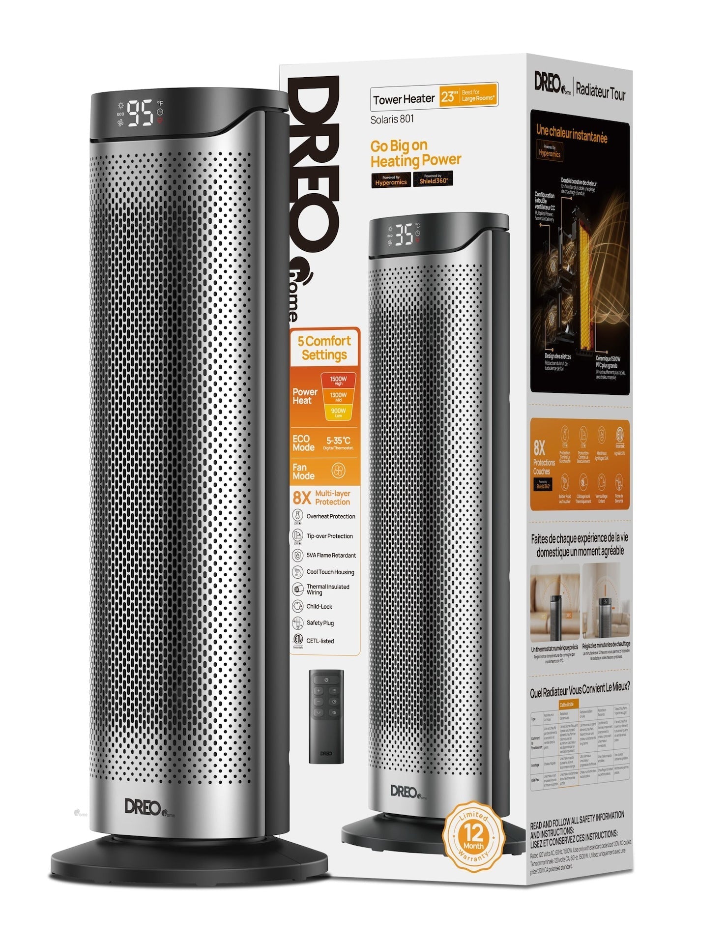 Home 1500W PTC Convection Oscillating Ceramic Electric Tower Heater, 23-in Z8B7 - product image 2