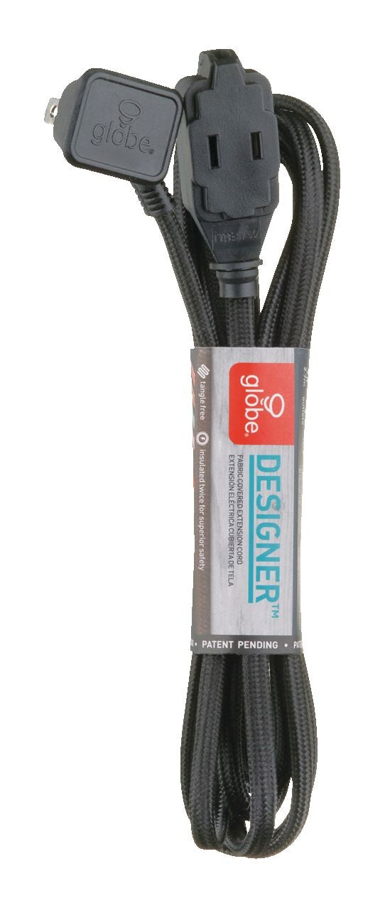 9-ft 16/2 Fabric Extension Cord, Right Angle Plug, 3 Outlets, Black R1H3 - product image 1