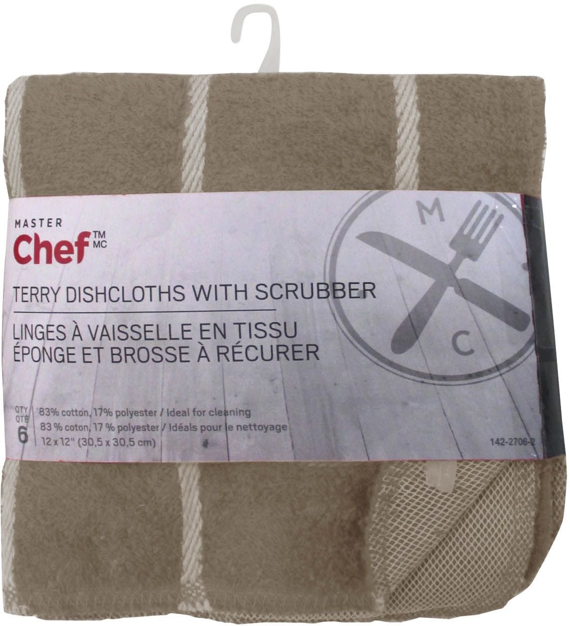 Terry Cotton Checkered Dishcloths with Scrubber, 12-in x 12-in, 6-pk, Brown D5L7 - product image 1