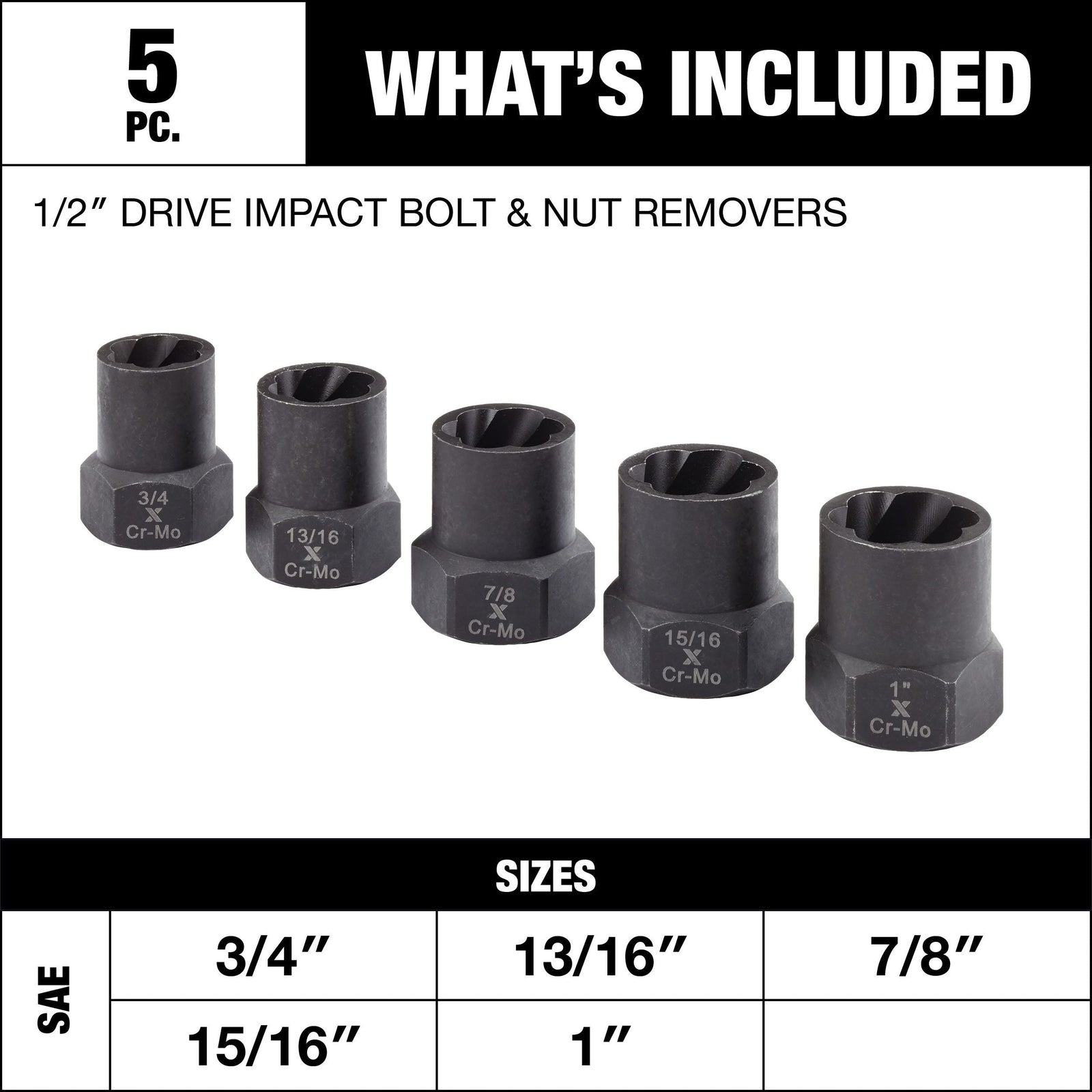 1/2-in Drive Impact Bolt & Nut Remover Set, 5-pc C4O9 - product image 3