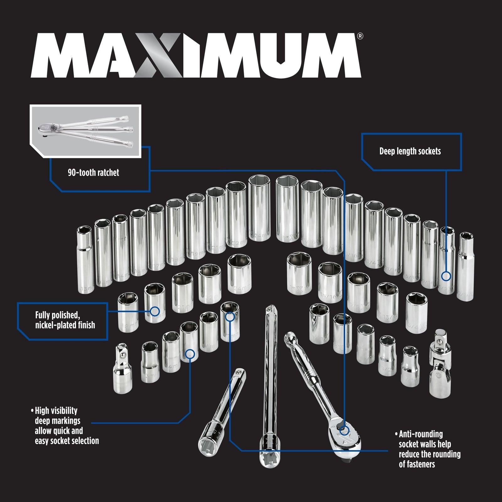 1/2-in Drive Professional Grade Socket Set, 45-pc, SAE/Metric, CRV, Nickel-Chrome Plating K1L6 - product image 3