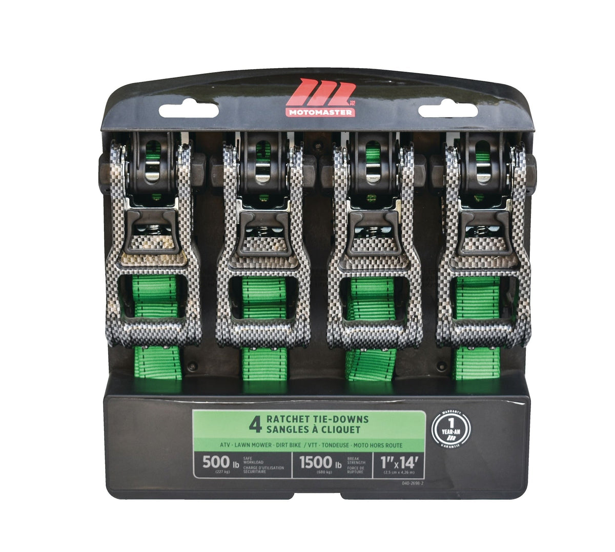 1,500-lb Carbon Ratchet Tie Downs, Weatherproof, 1-in x 14-ft, 4-pk, Green L1T5 - product image 1
