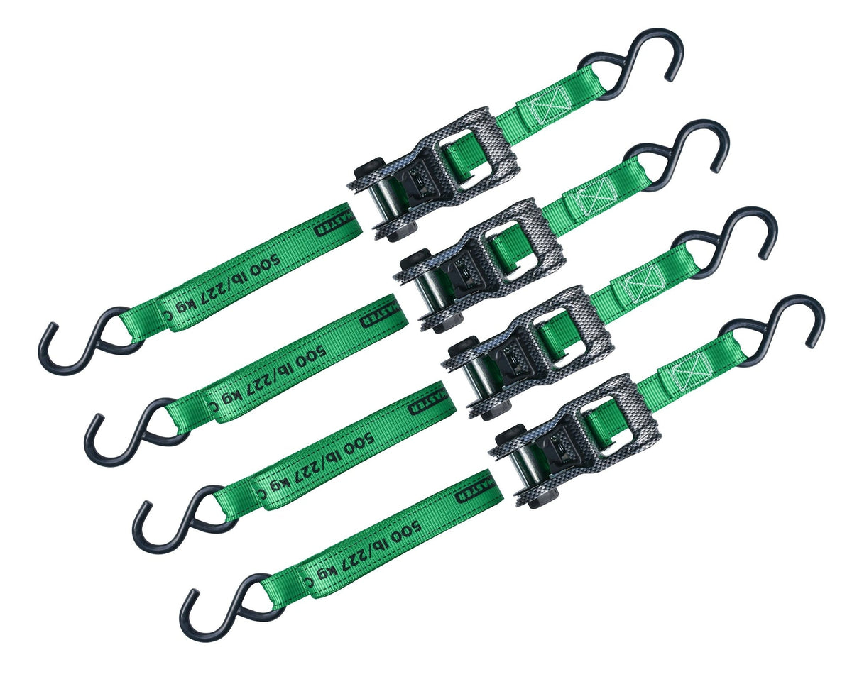 1,500-lb Carbon Ratchet Tie Downs, Weatherproof, 1-in x 14-ft, 4-pk, Green S5T2 - product image 2