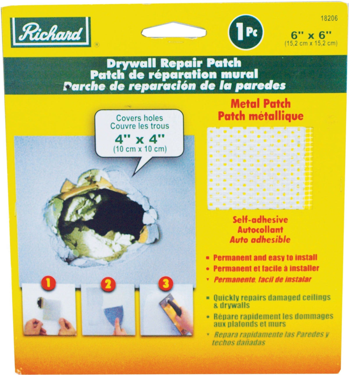 Self-Adhesive Metal-Reinforced Drywall & Ceiling Hole Repair Patch, 6 x 6-in I3K2 - product image 1