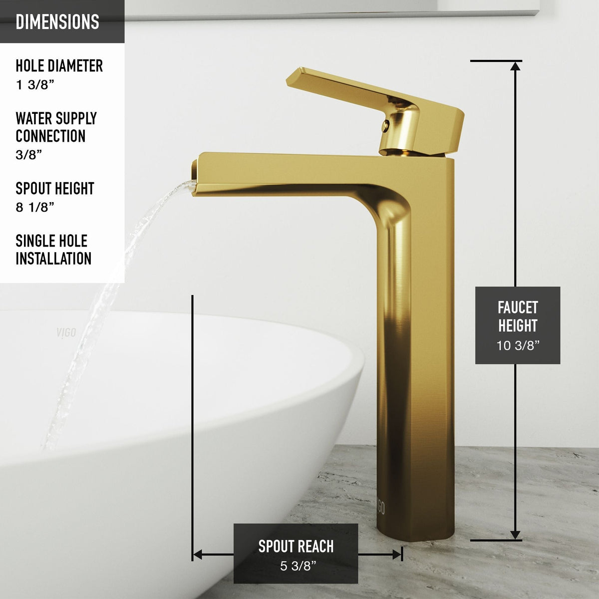 Amada Single Handle Vessel Sink Bathroom Faucet, Matte Brushed Gold W1O4 - product image 3