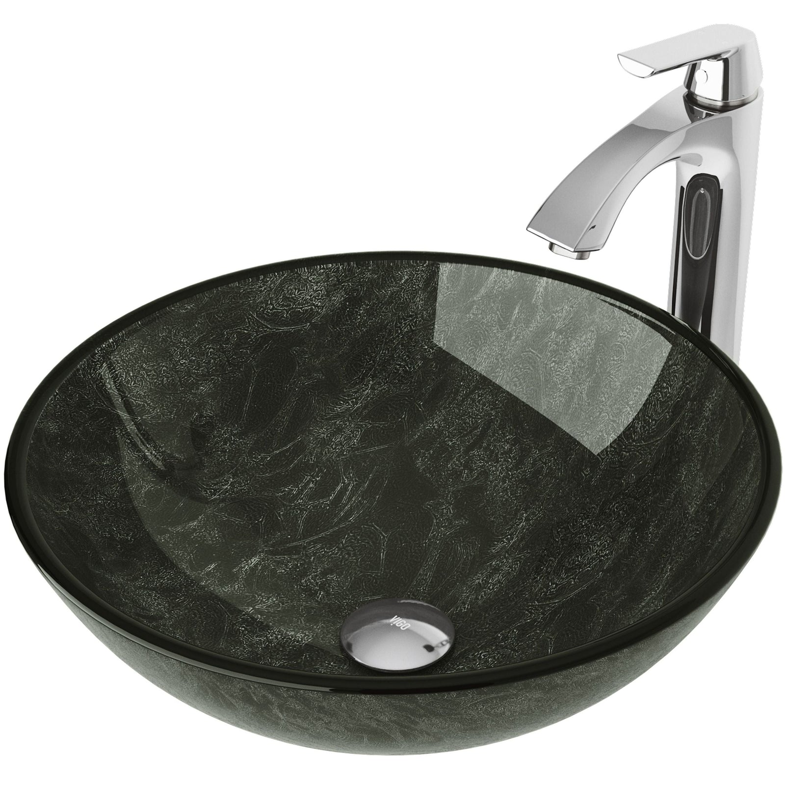 Glass Grey Onyx Bathroom Sink/Basin Set with Linus Faucet and Round Vessel R9E7 - product image 1