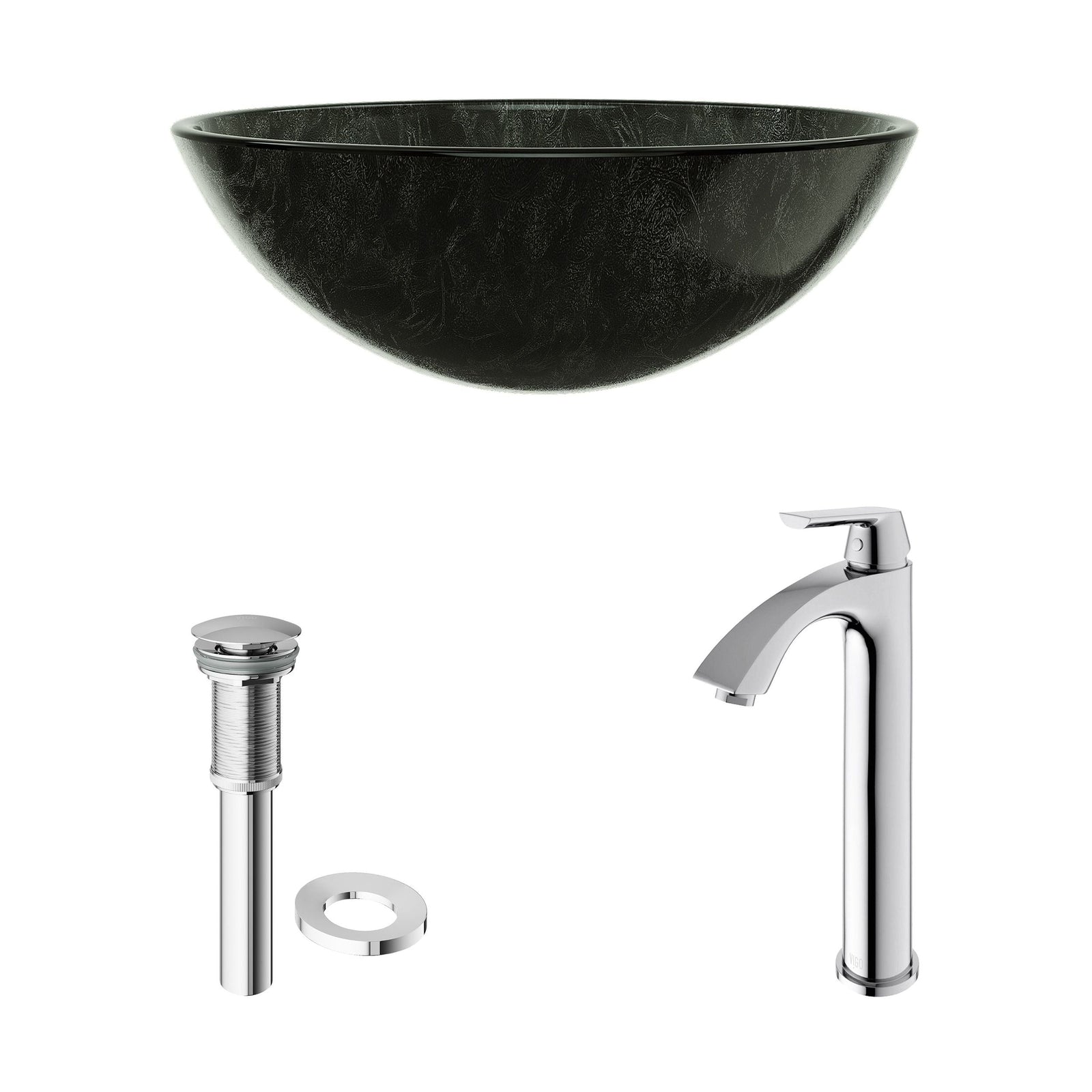 Glass Grey Onyx Bathroom Sink/Basin Set with Linus Faucet and Round Vessel R9E7 - product image 2