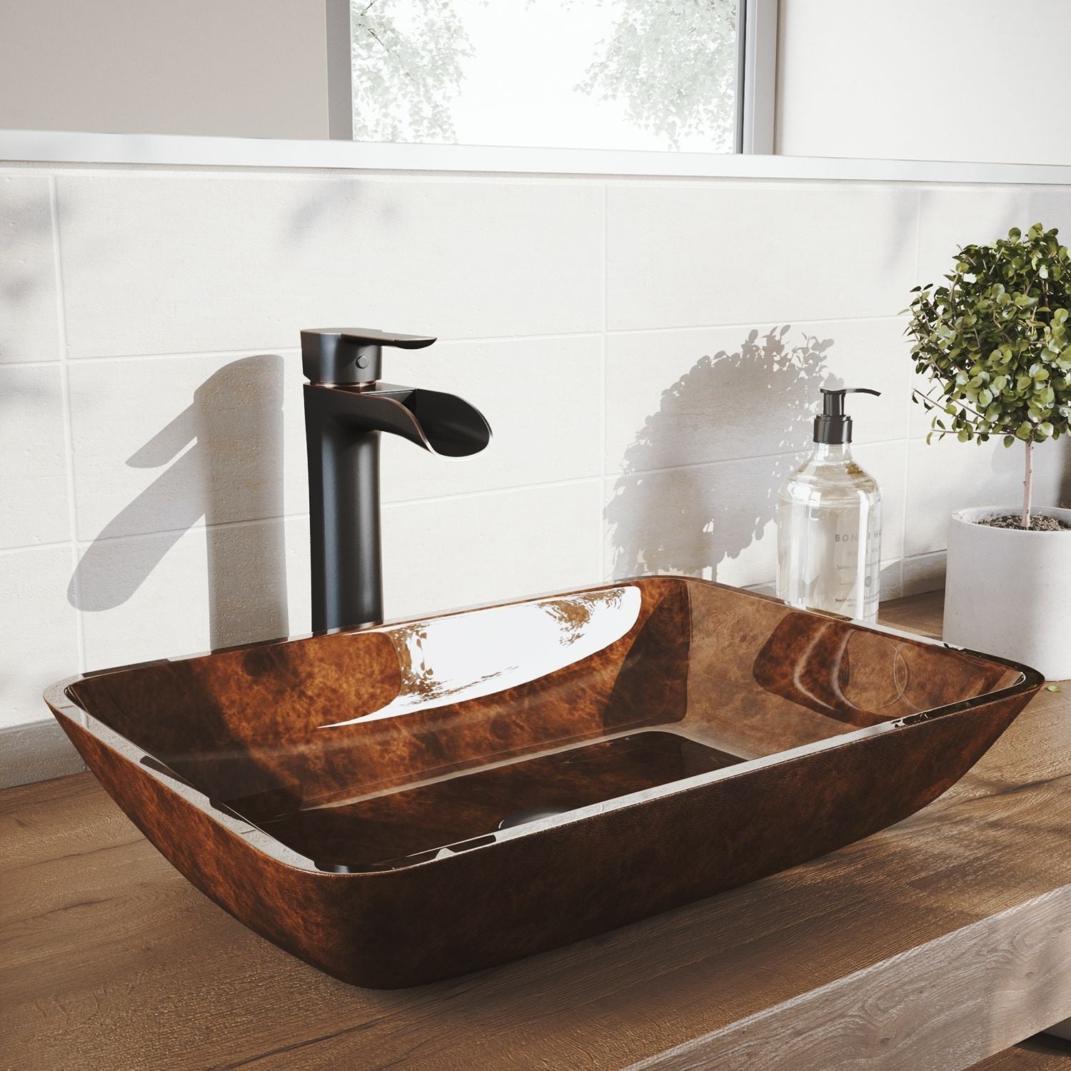 Russet Glass 18-in Red/Brown Bathroom Sink/Basin Set with Niko Faucet and Rectangular Vessel J0D2 - product image 7