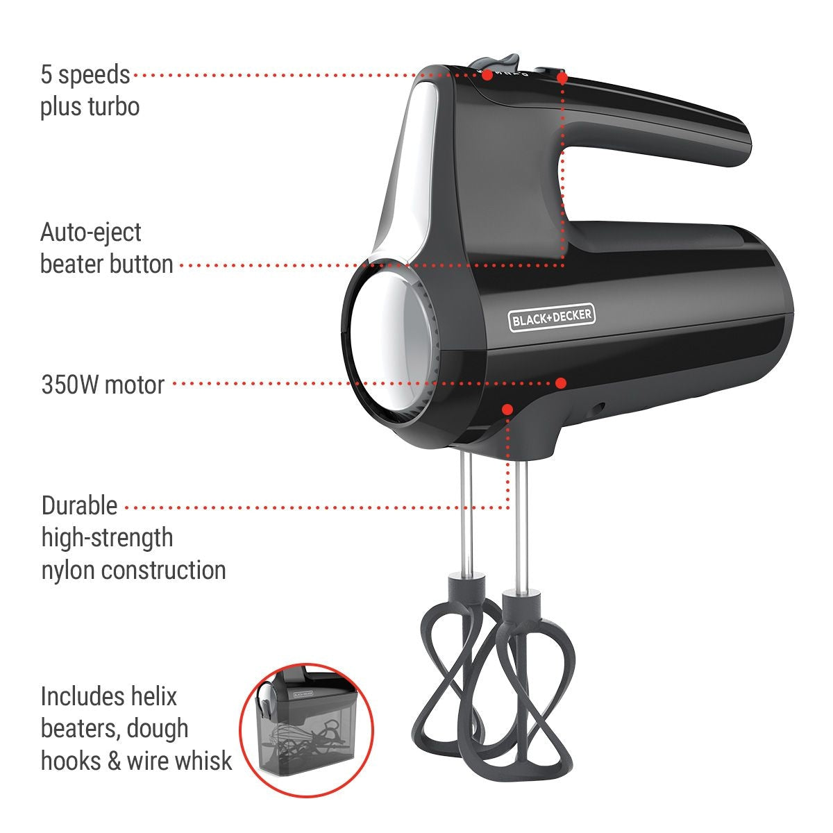 Helix Hand Mixer, Premium Performance 5 Speed Hand Mixer, Includes 5 Attachments and Case, Black T3I3 - product image 4