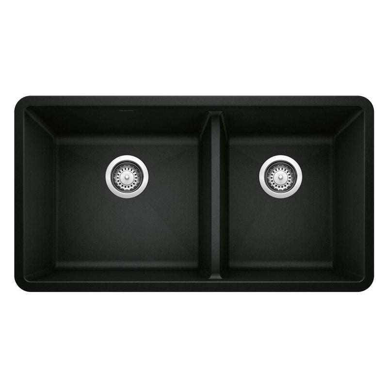 Precis SILGRANIT 33-in 60/40 Double Bowl Undermount Kitchen Sink, Coal Black E2Y1