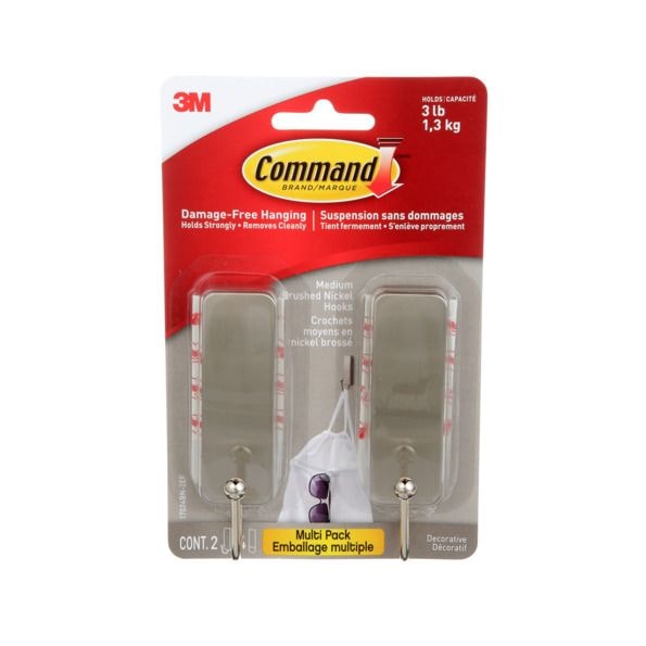 Medium Decorative Hooks with Adhesive Strips, Brushed Nickel, 3-lbs, 2 Strips per Pack V7V8 - product image 1