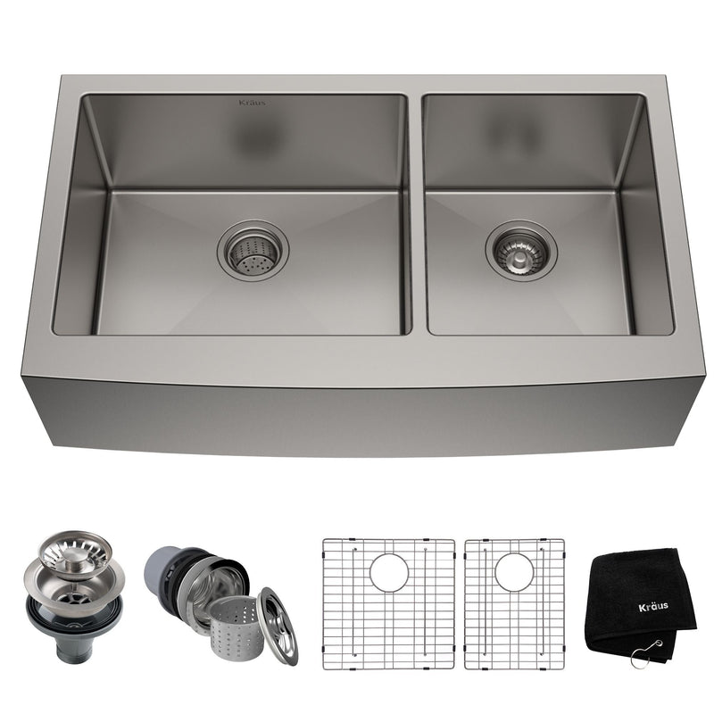 Standard PRO Apron Front Farmhouse Stainless Steel Double Bowl Kitchen Sink, 36x21x10-in W6R8