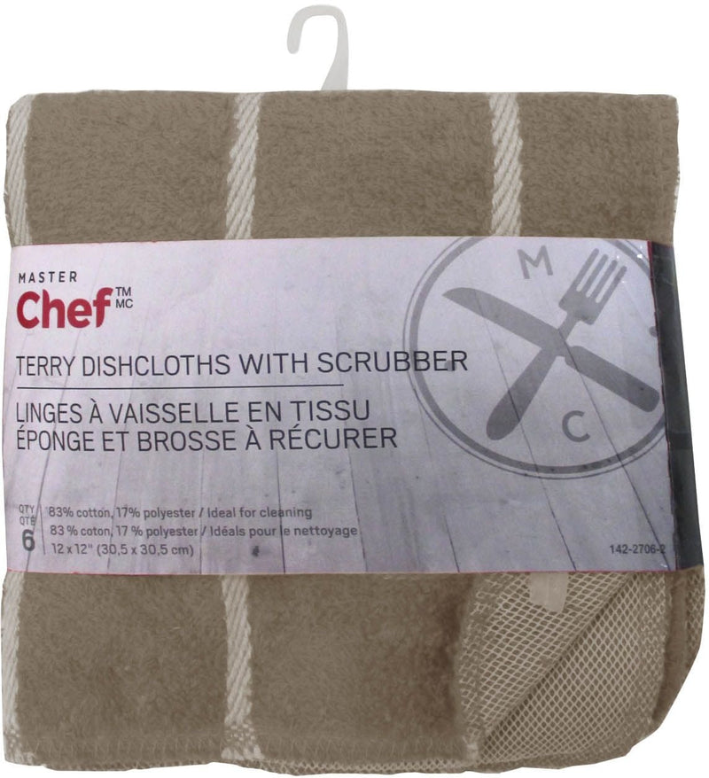 Terry Cotton Checkered Dishcloths with Scrubber, 12-in x 12-in, 6-pk, Brown D5L7