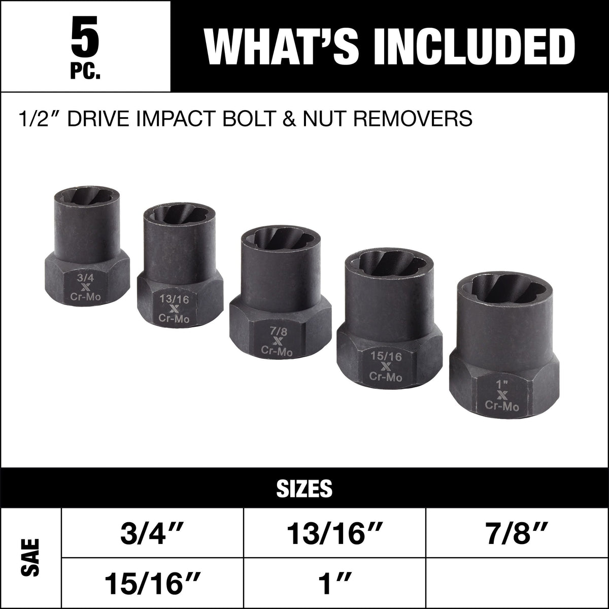 1/2-in Drive Impact Bolt & Nut Remover Set, 5-pc C4O9 - product image 3