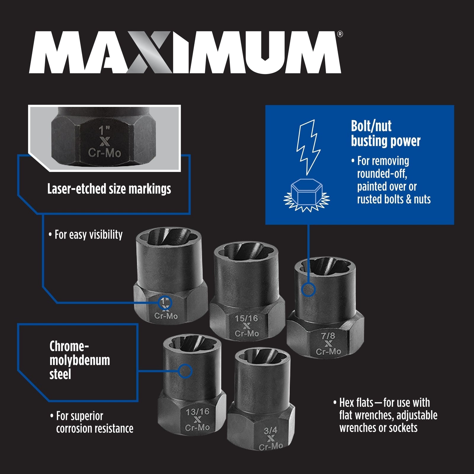 1/2-in Drive Impact Bolt & Nut Remover Set, 5-pc C4O9 - product image 4