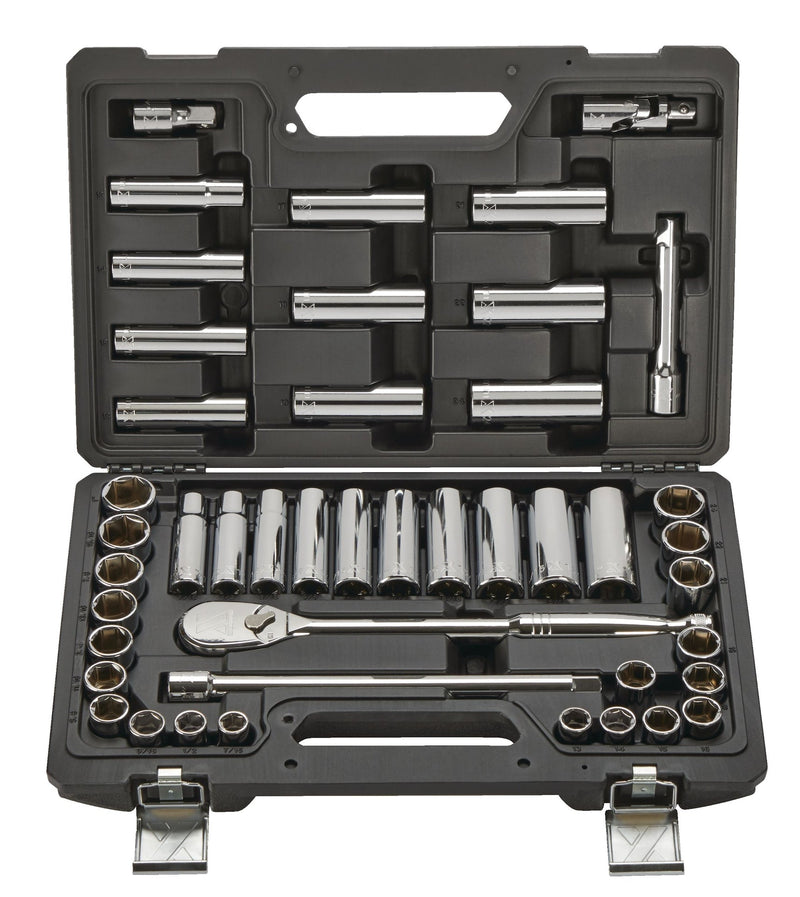 1/2-in Drive Professional Grade Socket Set, 45-pc, SAE/Metric, CRV, Nickel-Chrome Plating O3O0