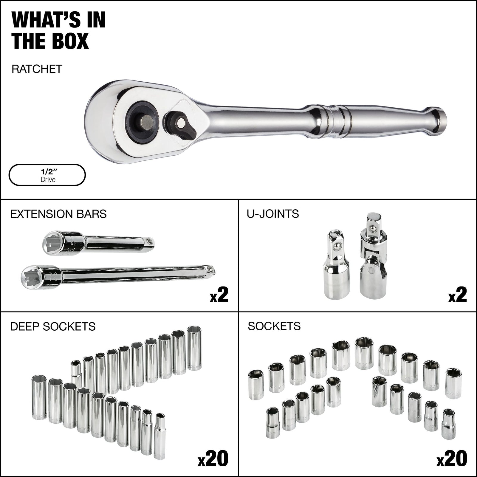 1/2-in Drive Professional Grade Socket Set, 45-pc, SAE/Metric, CRV, Nickel-Chrome Plating O3O0 - product image 2