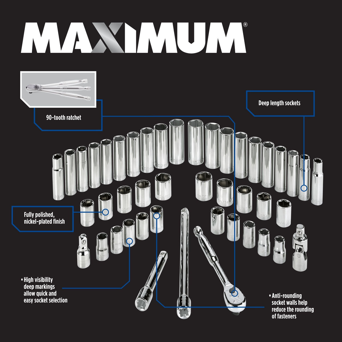 1/2-in Drive Professional Grade Socket Set, 45-pc, SAE/Metric, CRV, Nickel-Chrome Plating K1L6 - product image 3