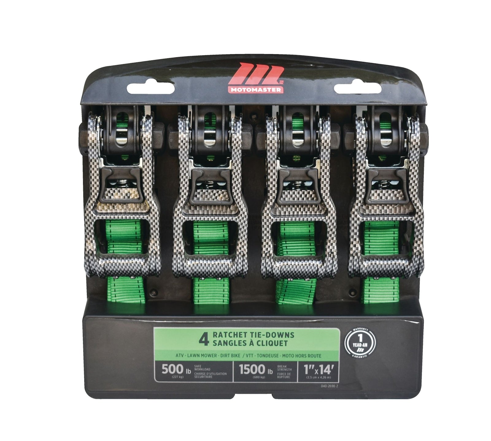 1,500-lb Carbon Ratchet Tie Downs, Weatherproof, 1-in x 14-ft, 4-pk, Green L1T5 - product image 1