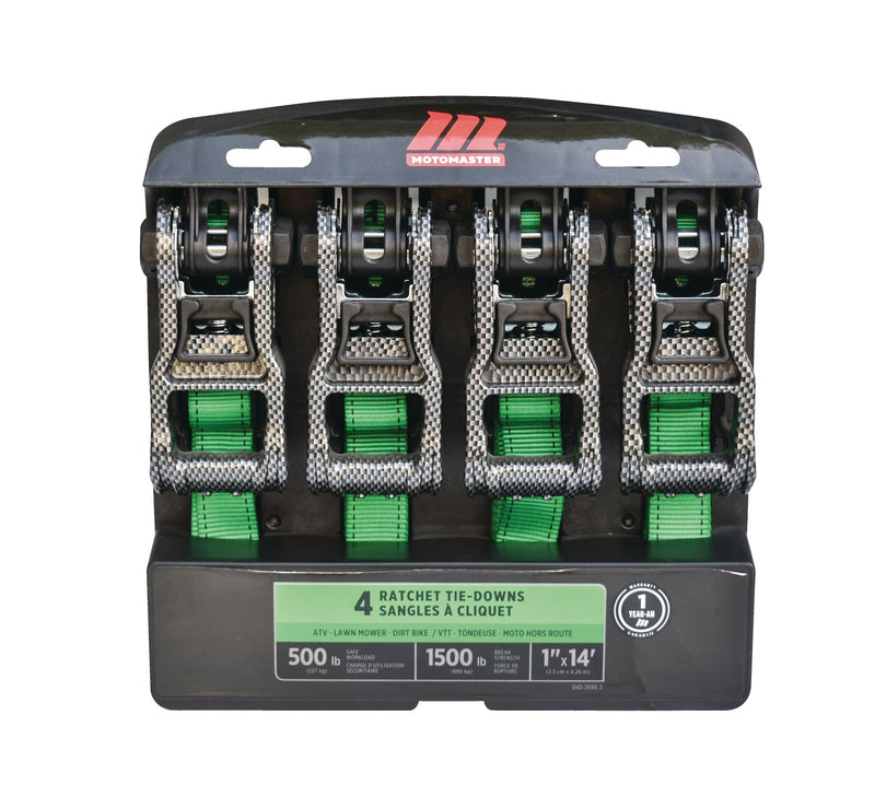 1,500-lb Carbon Ratchet Tie Downs, Weatherproof, 1-in x 14-ft, 4-pk, Green L1T5