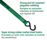 1,500-lb Carbon Ratchet Tie Downs, Weatherproof, 1-in x 14-ft, 4-pk, Green L1T5 - product image 3