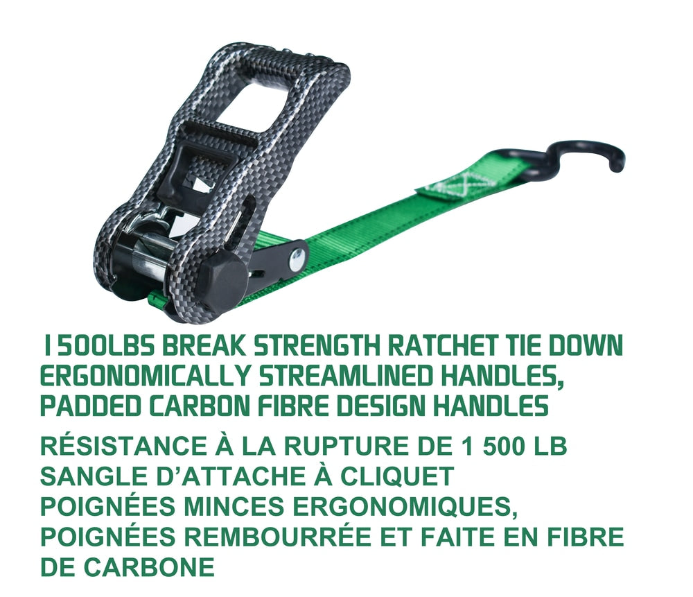 1,500-lb Carbon Ratchet Tie Downs, Weatherproof, 1-in x 14-ft, 4-pk, Green L1T5 - product image 4