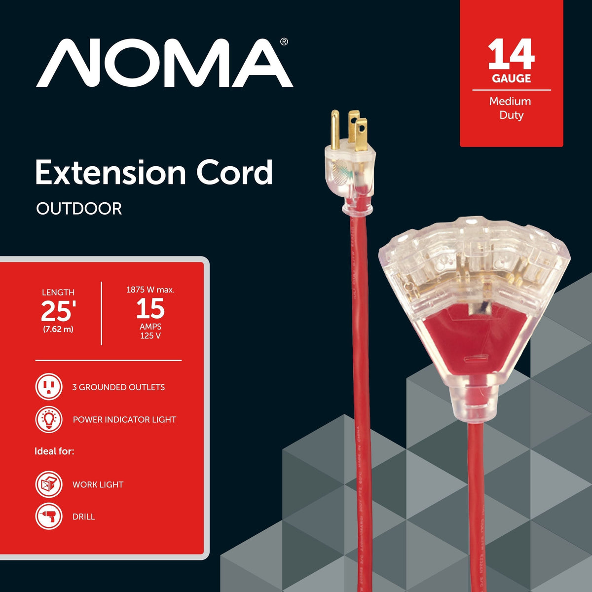 14/3 Outdoor Extension Cord with 3 Grounded Outlets & Lighted End, Red V3L9 - product image 1