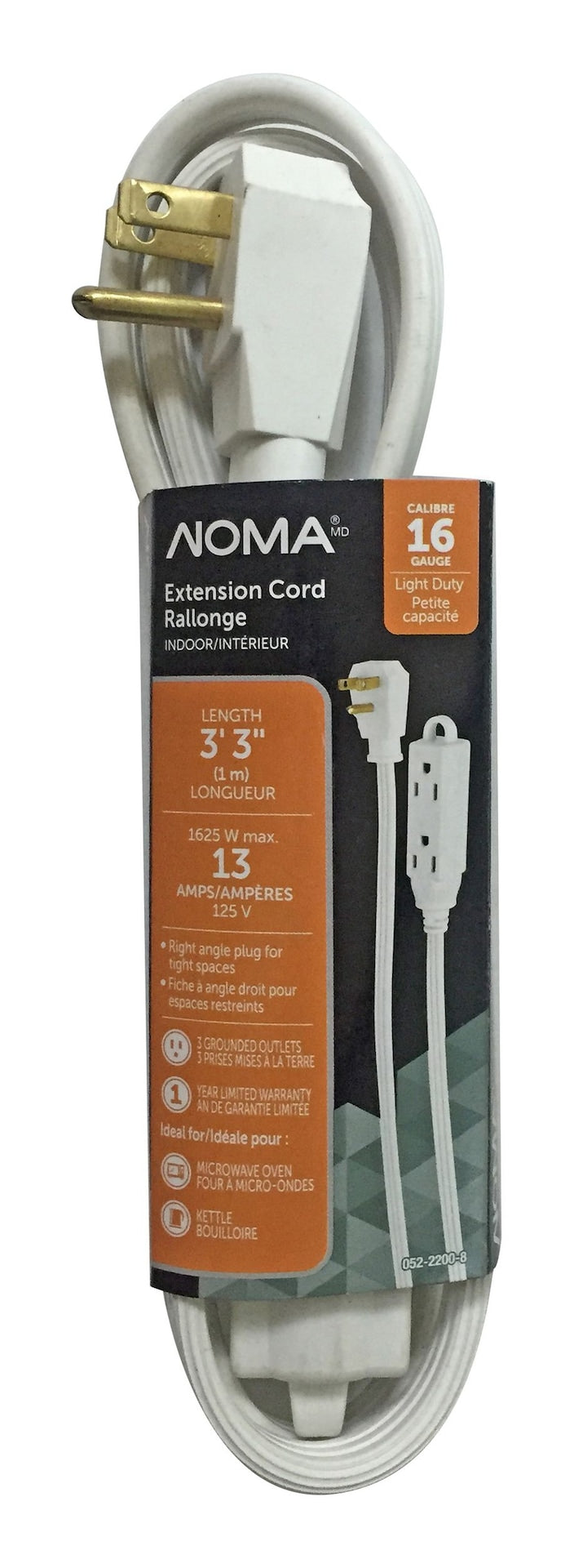 3-ft 3-in 16/3 Indoor Extension Cord with Right Angle Plug, 3 Grounded Outlets, White M6I8