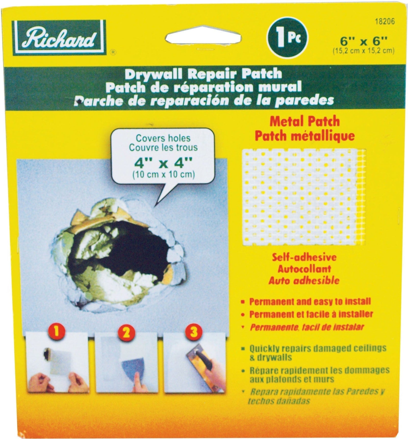 Self-Adhesive Metal-Reinforced Drywall & Ceiling Hole Repair Patch, 6 x 6-in R0O6 - product image 1