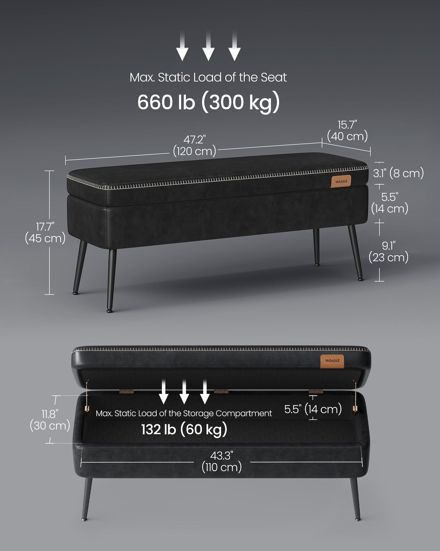 Home Mid-Century Ink Black Ottoman Storage Bench I9H0 - product image 5
