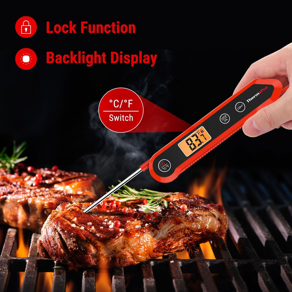 Waterproof Digital Instant-Read Folding Meat Thermometer with Swivel Probe, Black/Red L1O1 - product image 1
