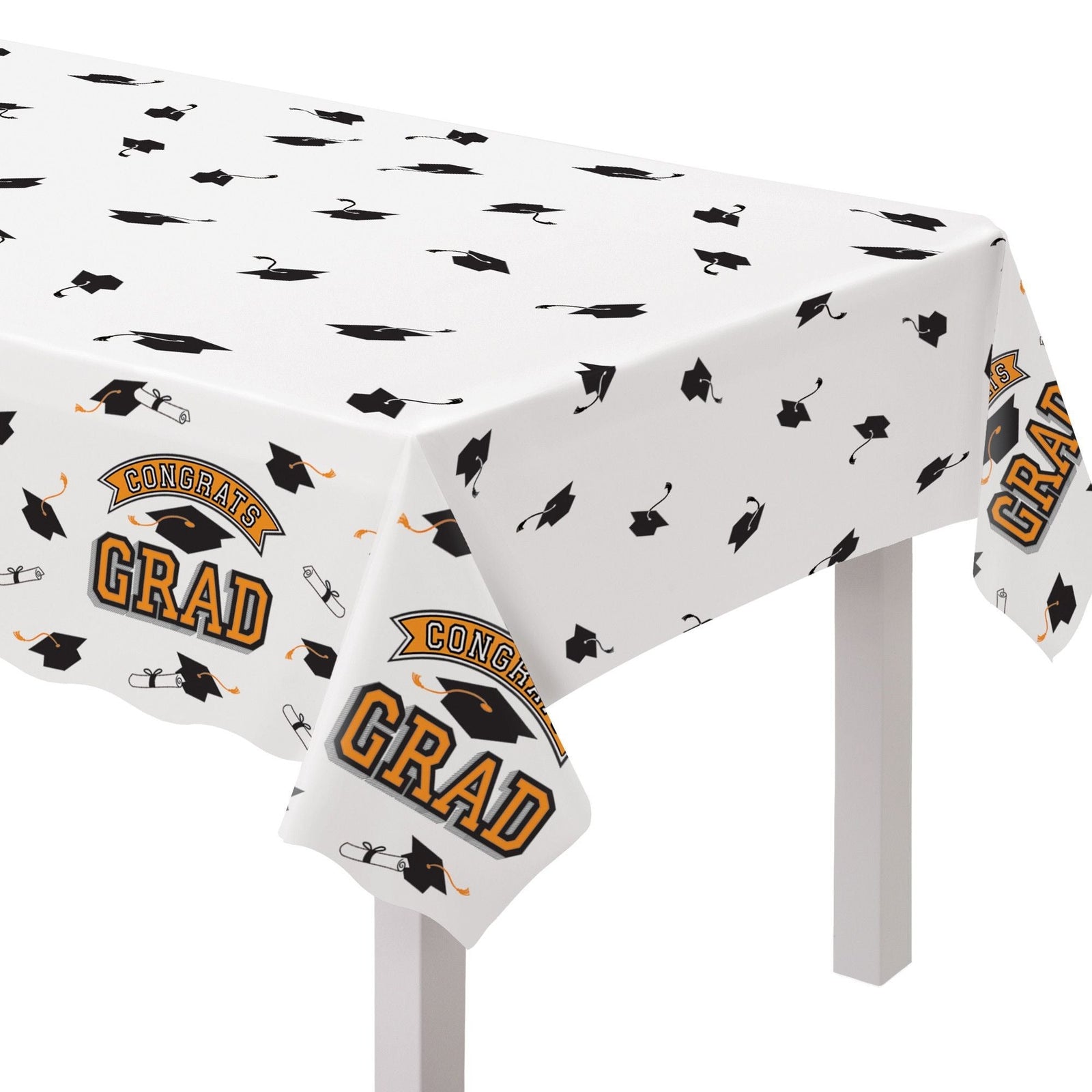 "Congrats Grad" Rectangle Plastic Reusable Table Cover, Orange, 54x84-in, for Graduation Z8S4 - product image 1