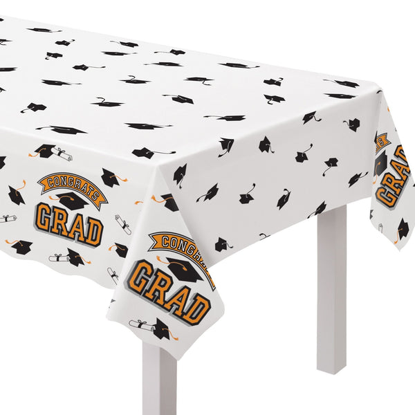 "Congrats Grad" Rectangle Plastic Reusable Table Cover, Orange, 54x84-in, for Graduation Z8S4