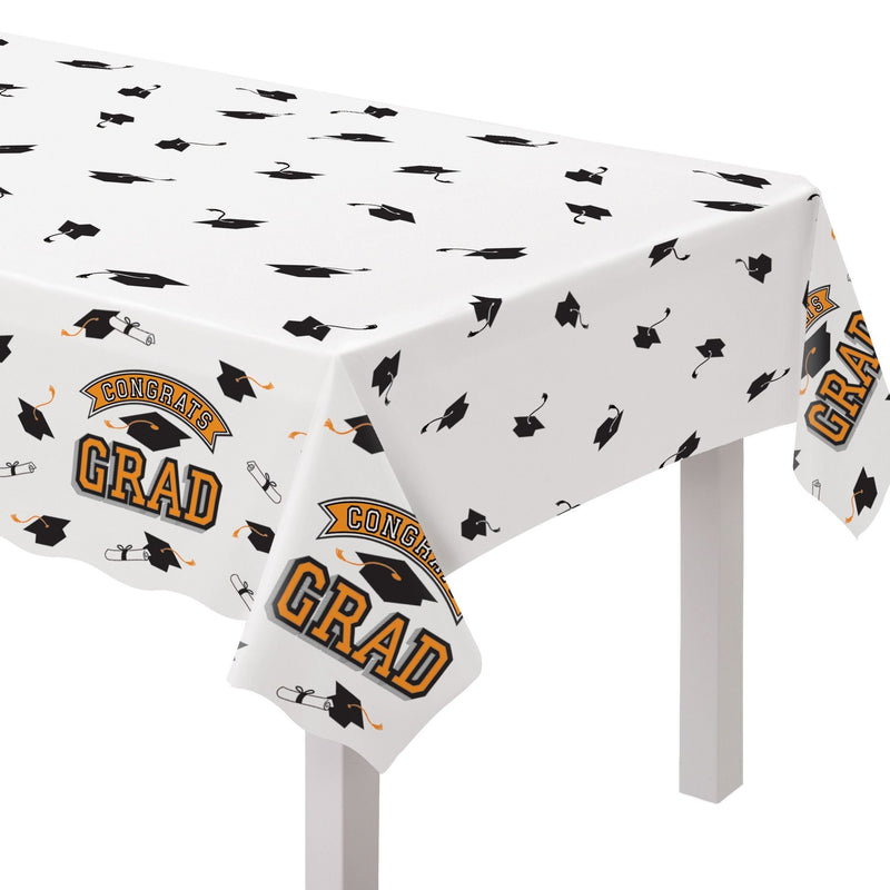 "Congrats Grad" Rectangle Plastic Reusable Table Cover, Orange, 54x84-in, for Graduation Z8S4