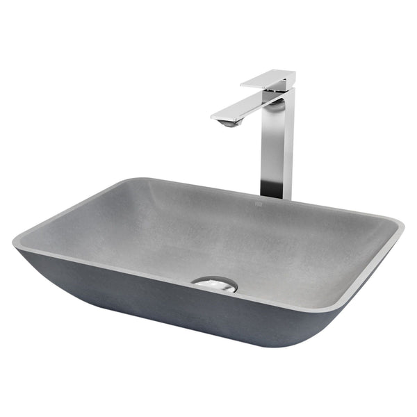 Duomo Gothic ConcretoStone Grey Bathroom Sink/Basin Set with Dunn Faucet and Rectangular Vessel H9A2