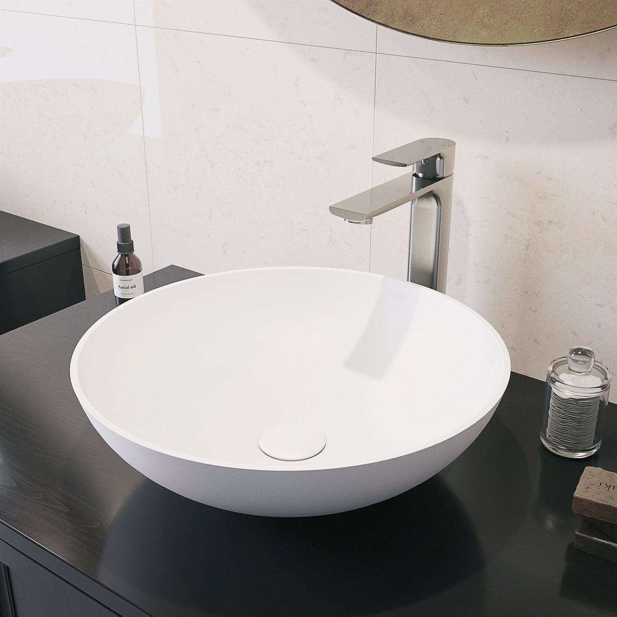 Lotus Matte Stone Round Composite Vessel Bathroom Sink/Basin with Deep Bowl, White N6B7 - product image 8