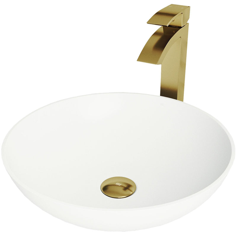 Lotus MatteStone Round White Composite Bathroom Sink/Basin Set with Duris Faucet and Pop-Up Drain G1N7