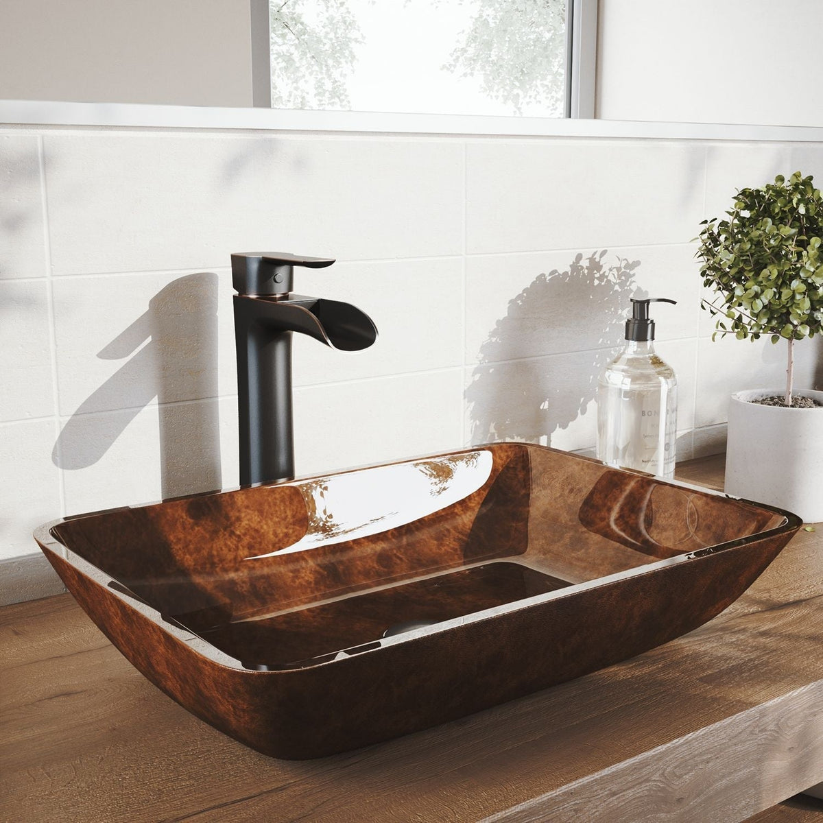 Russet Glass 18-in Red/Brown Bathroom Sink/Basin Set with Niko Faucet and Rectangular Vessel J0D2 - product image 7