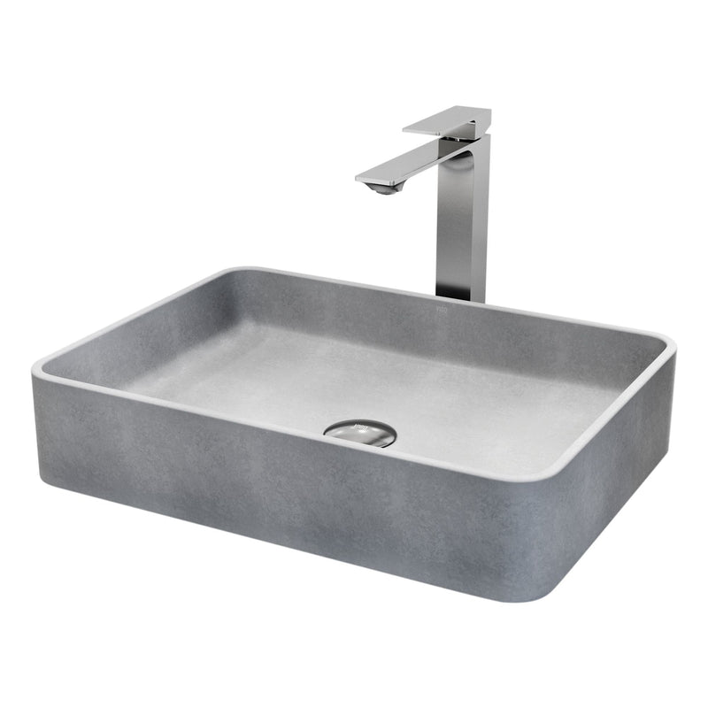 Tarragona Gothic ConcretoStone Grey Bathroom Sink/Basin Set with Dunn Faucet and Rectangular Vessel V2H0