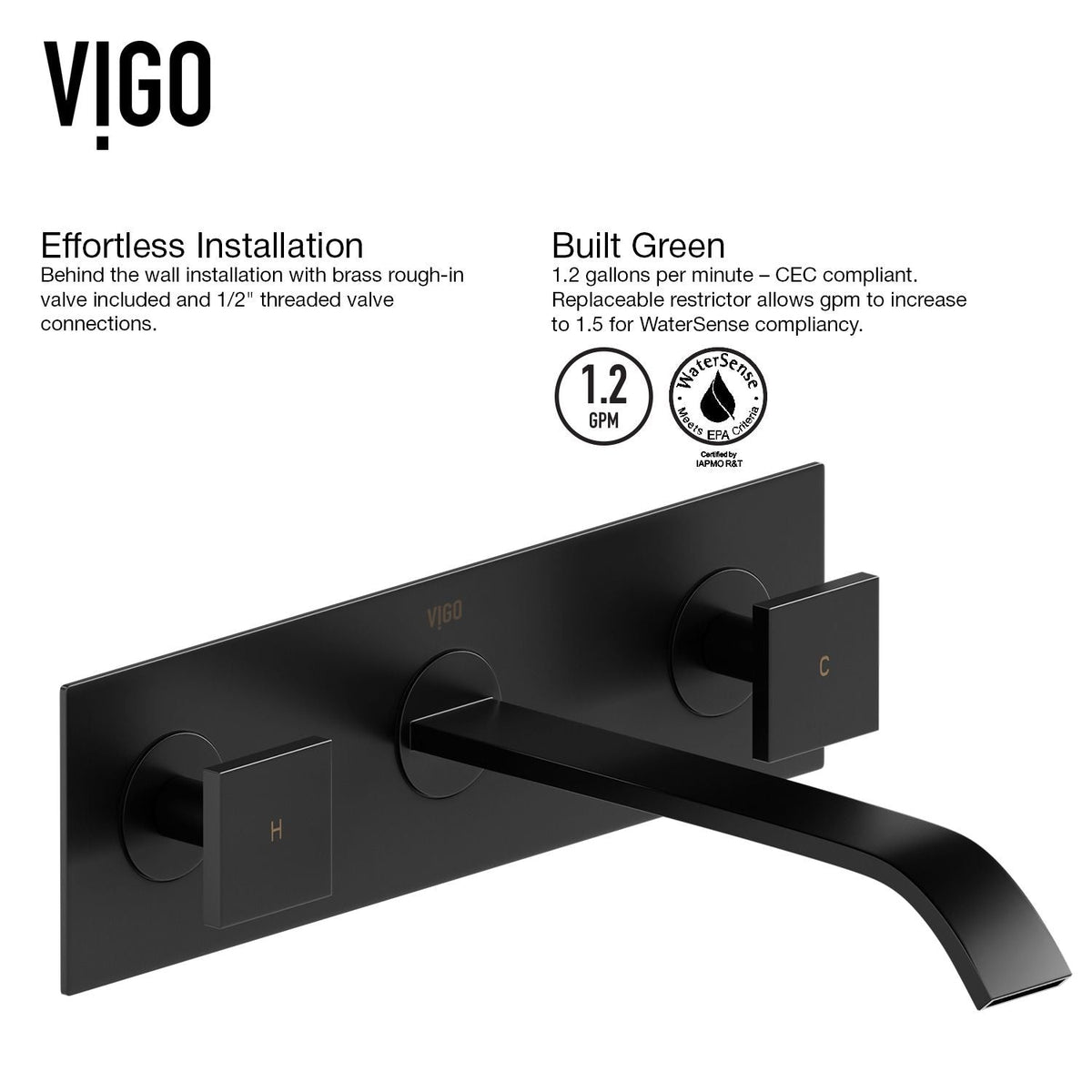 Titus Wall Mount Dual Handle Bathroom Sink Faucet, Eco-Friendly 1.2 GPM Flow Rate, Matte Black W2B2 - product image 6
